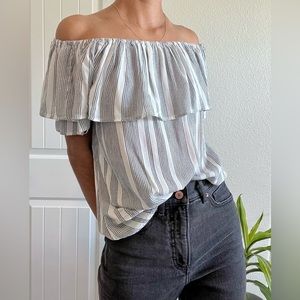 Tramp - Dotted Stripes Ruffle Off The Shoulder Top
